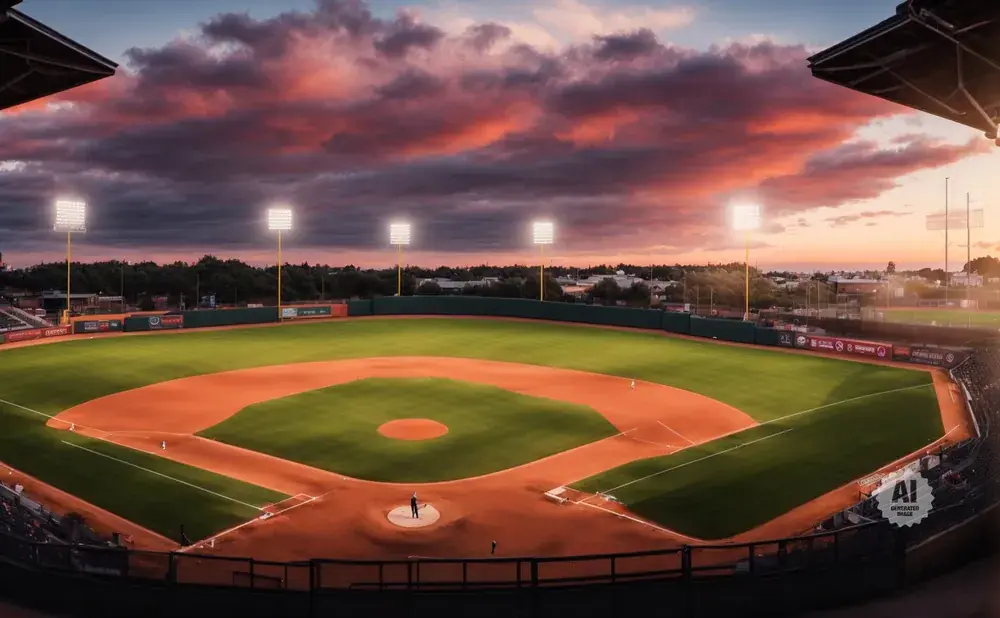 Baseball stadium at sunset with dramatic clouds and bright floodlights.