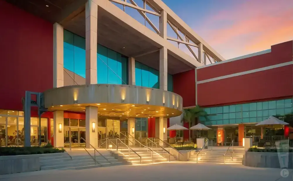 Modern building entrance with large windows, red exterior, and grand staircase.