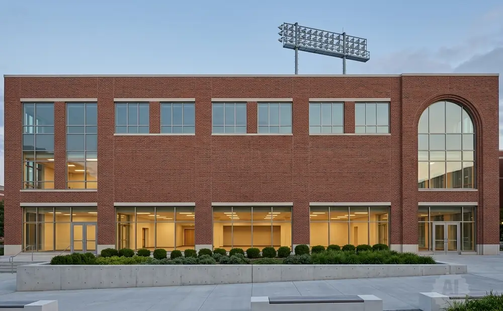 Modern brick building with large windows and stadium lights on the roof.