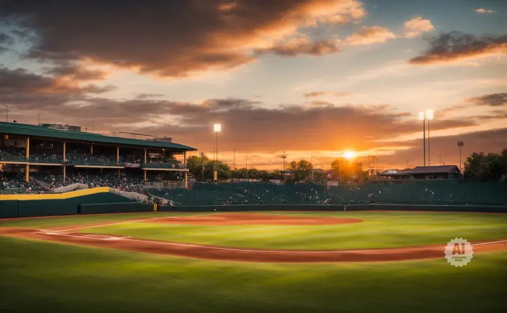 Sunset over a baseball stadium with glowing clouds and stadium lights.