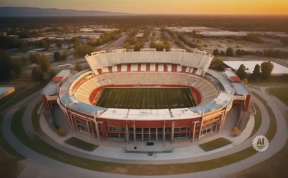 Aerial view of a football stadium at sunset.