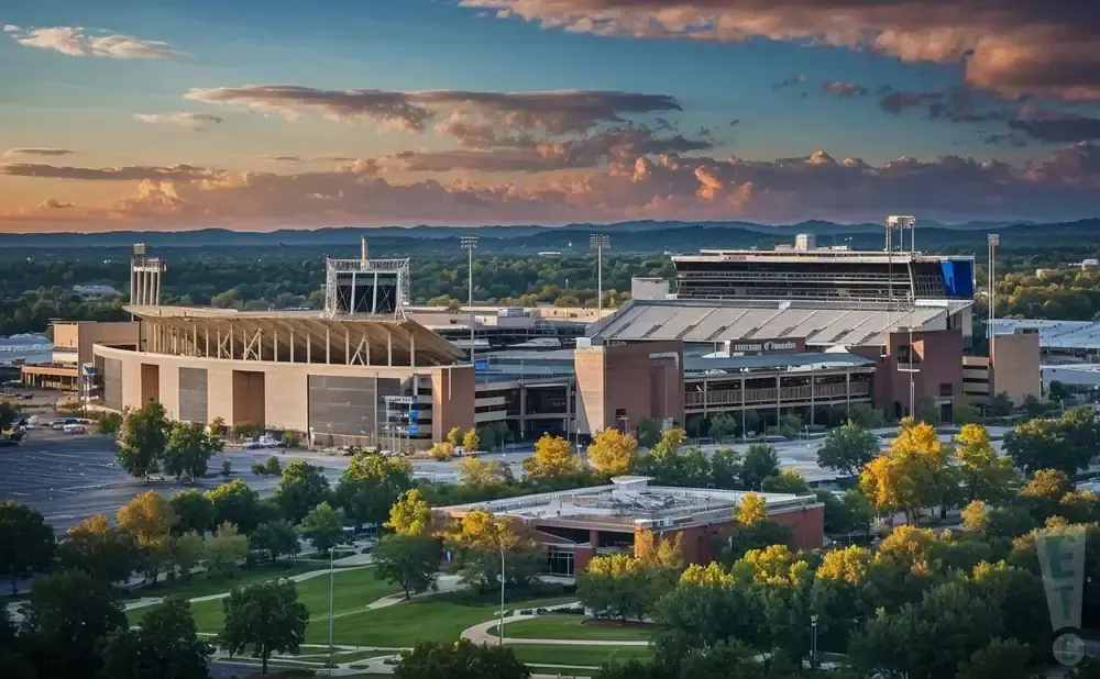 An aerial view of Neyland Stadium and surrounding grounds in Knoxville, Tennessee at sunset.