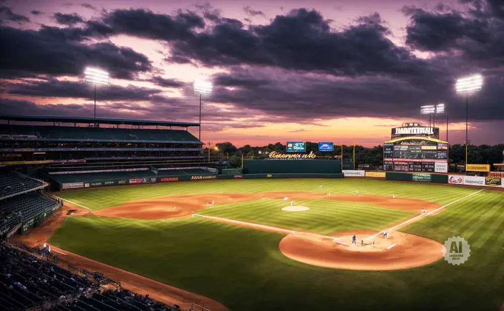 Baseball stadium at dusk with dramatic clouds, bright lights, and players on the field.