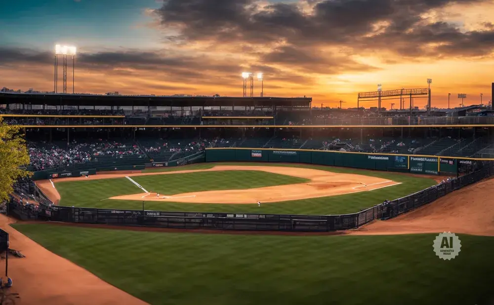 Baseball stadium at sunset with a dramatic sky and stadium lights on.