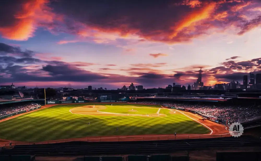 Baseball stadium at sunset with a city skyline and dramatic clouds.