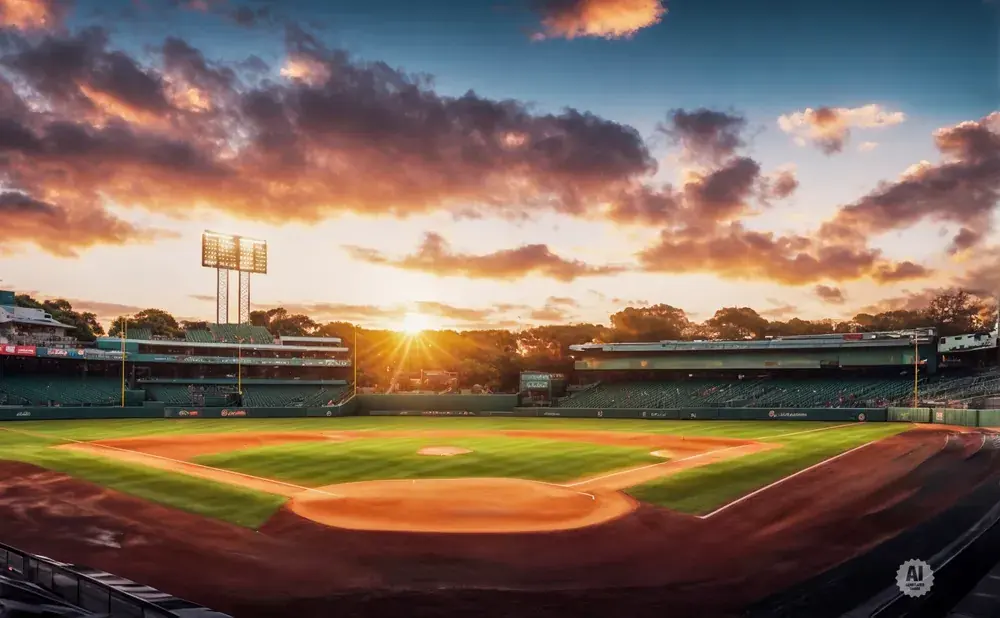 A baseball stadium at sunset with a golden sunburst over the outfield.