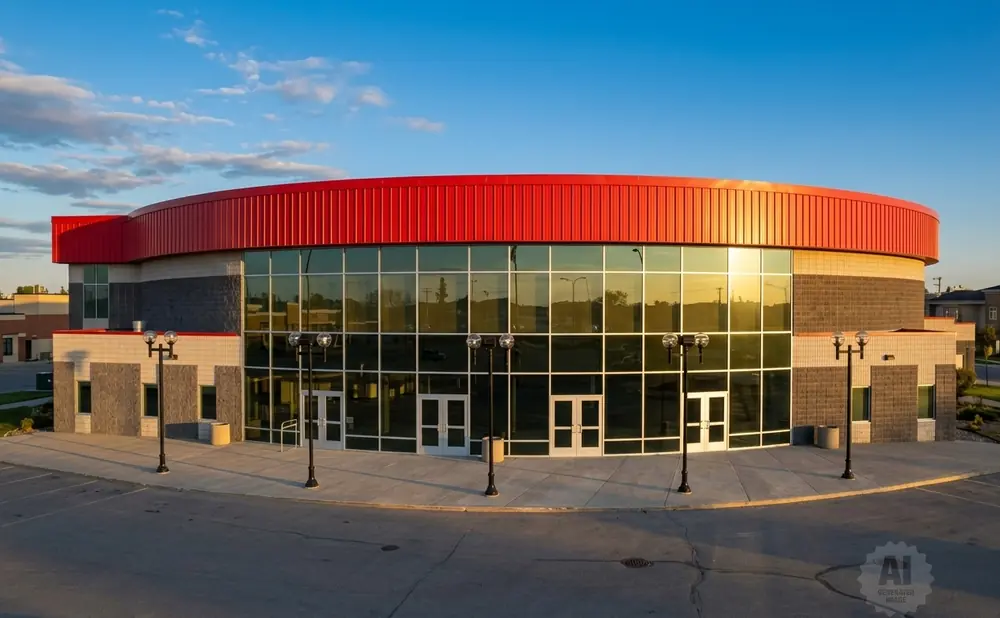 Modern circular building with red roof and large glass windows, reflecting the blue sky.