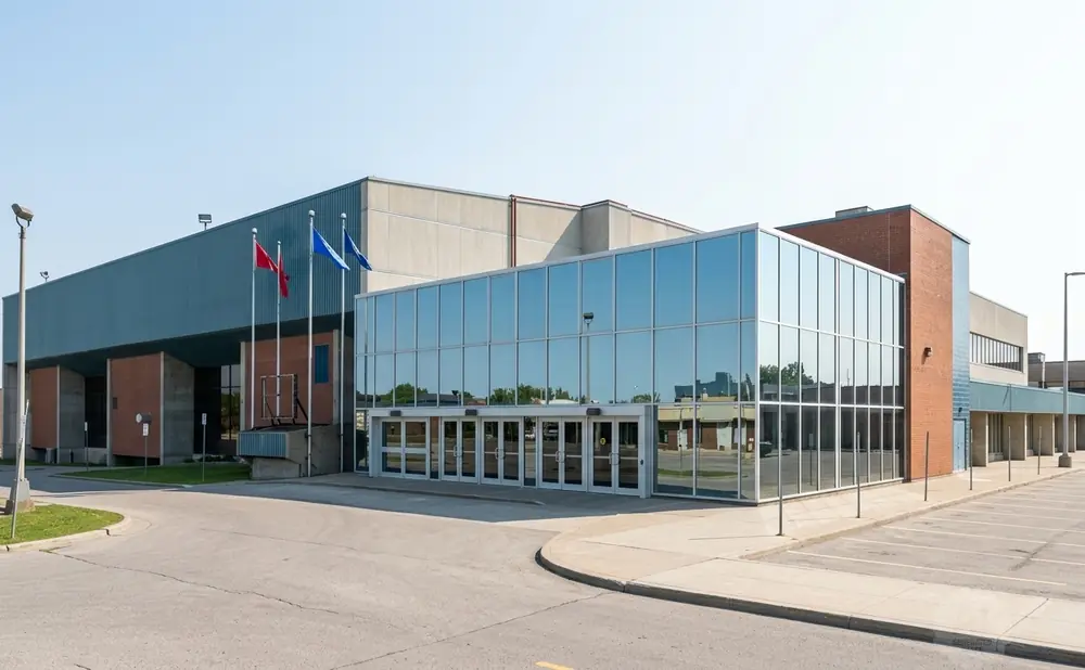 Modern building with glass facade and brick accents, featuring flags and a parking lot.