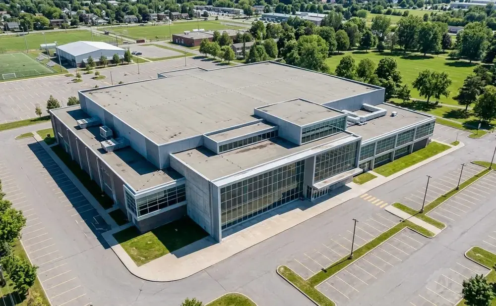 Aerial view of a modern building with large windows, surrounded by parking lots and green spaces.