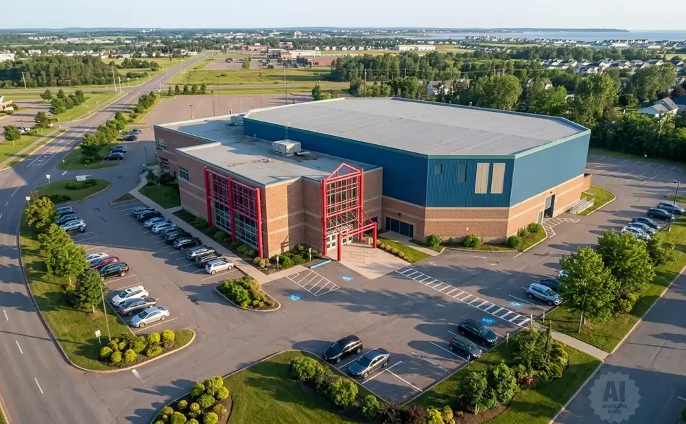 Aerial view of a large blue and brick building with a parking lot.