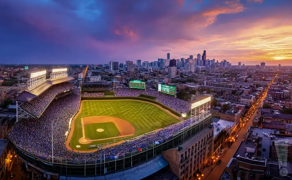 An aerial view of Wrigleyville at dusk, with the baseball stadium and Chicago skyline in the background.
