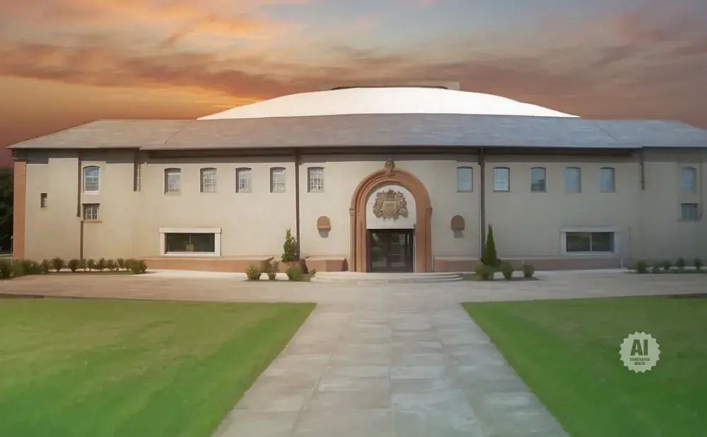 Building with a large white dome, tan walls, and arched entryway at sunset.