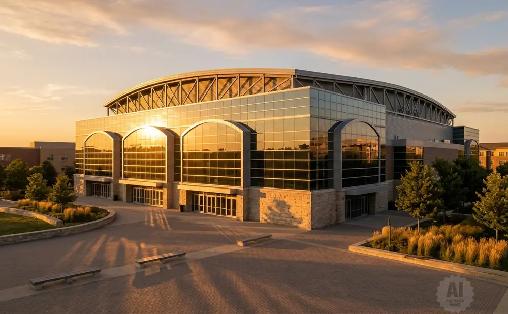 Modern glass and stone building with arched windows and a curved roof, bathed in golden sunset light.