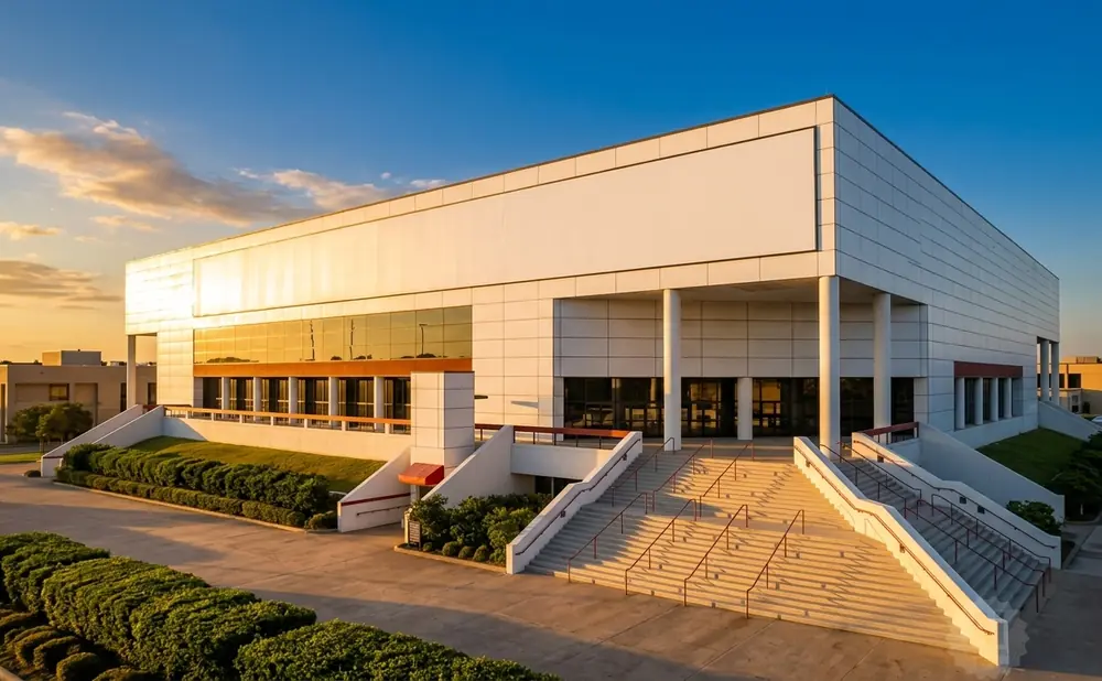 Modern white building with large windows and grand stairs at sunset.
