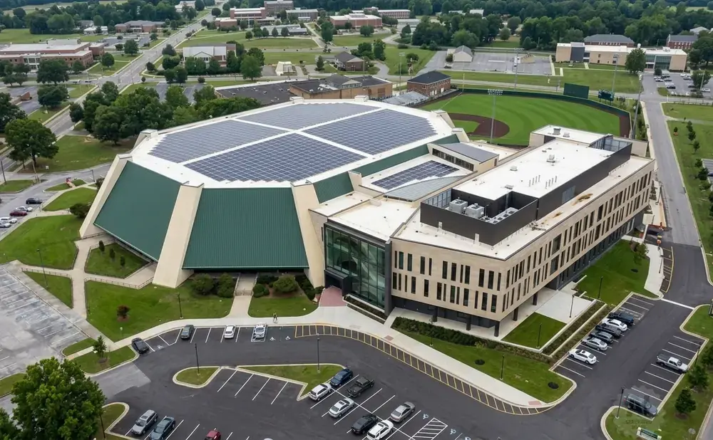 Aerial view of a large building with a green, multi-faceted roof covered in solar panels, adjacent to a modern office building.