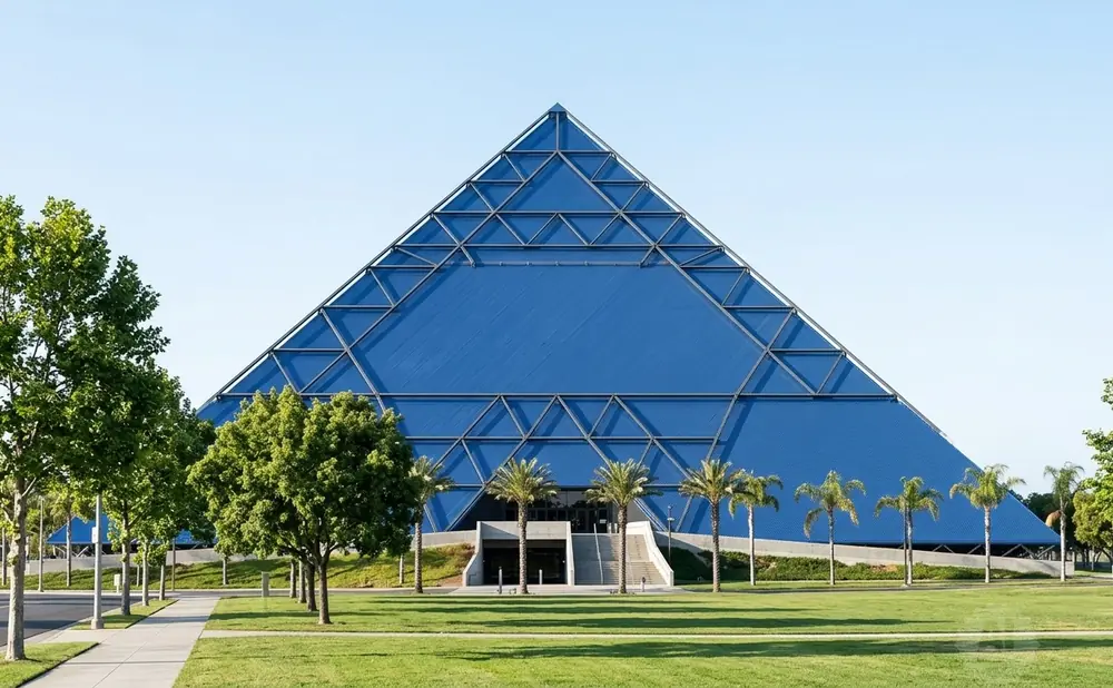A large blue pyramid building with a triangular lattice exterior, surrounded by trees and palm trees.