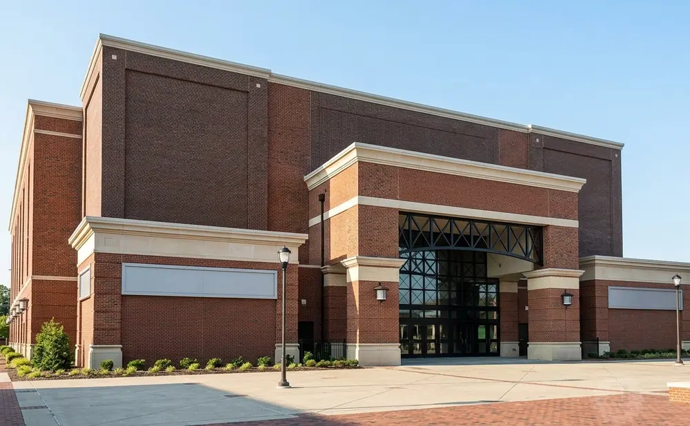 Exterior view of a large brick building with a modern entrance and light poles on a sunny day.