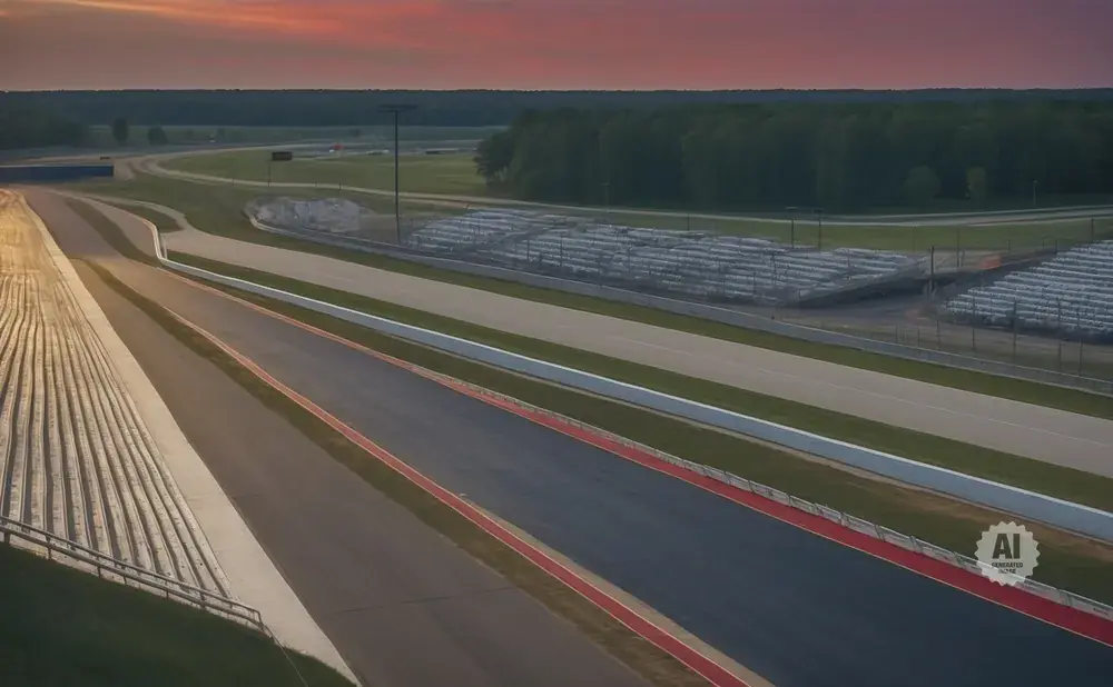 An aerial view of a racetrack at sunset with grandstands and a tree line.