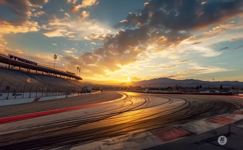 Sunset over a race track with grandstands and mountains in the background.