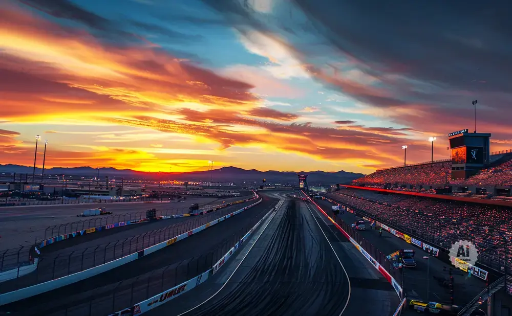 A dragstrip at sunset with a vibrant orange and blue sky, grandstands, and distant mountains.