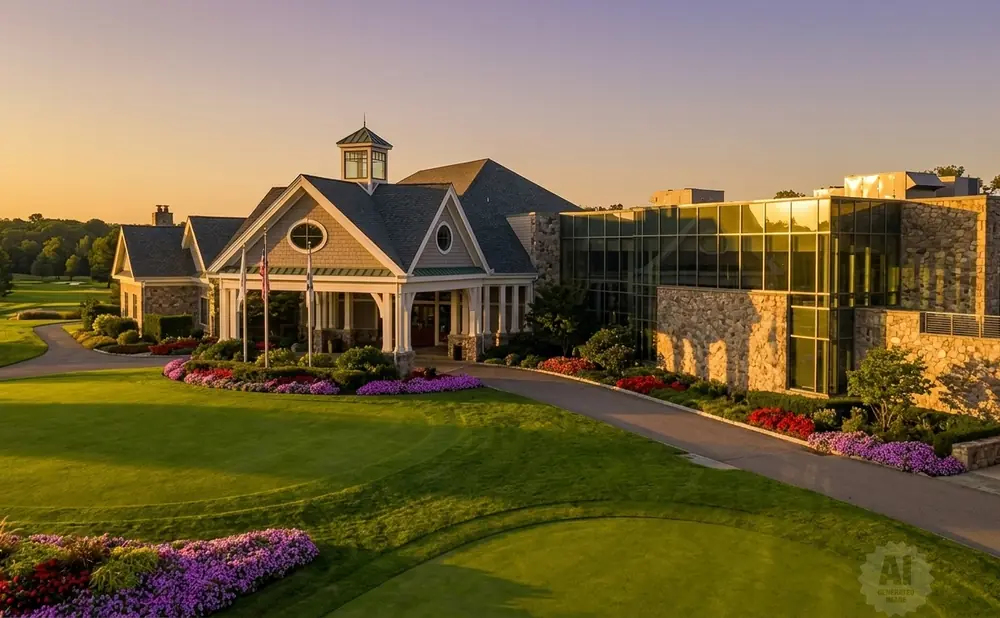 Golf clubhouse with stone and glass architecture, surrounded by lush green lawns and colorful flower beds.