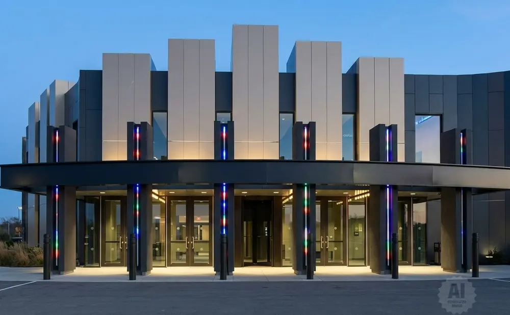 Modern building entrance with colorful vertical lights and glass doors at dusk.