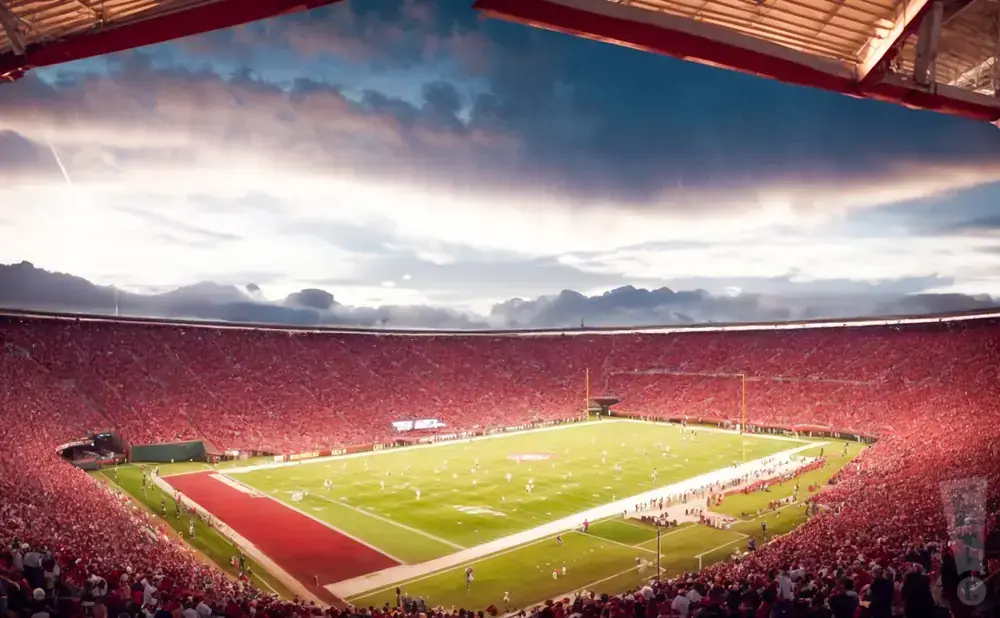 A football stadium packed with fans in red, under a dramatic sky.