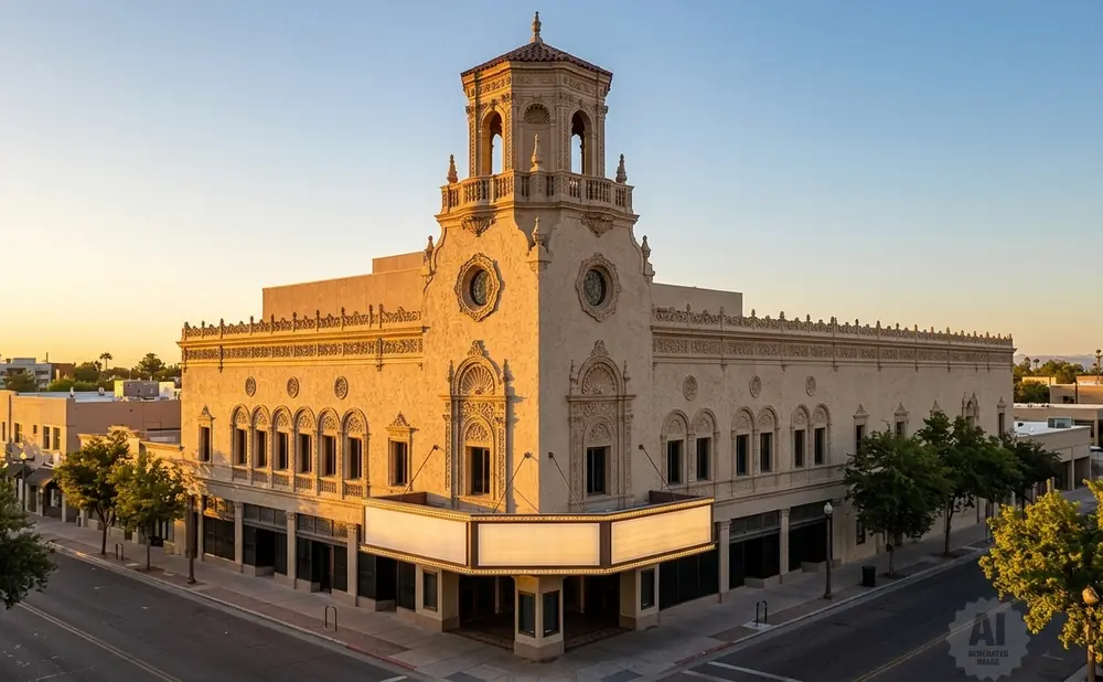 Exterior view of a historic theater building with a tower at sunset.