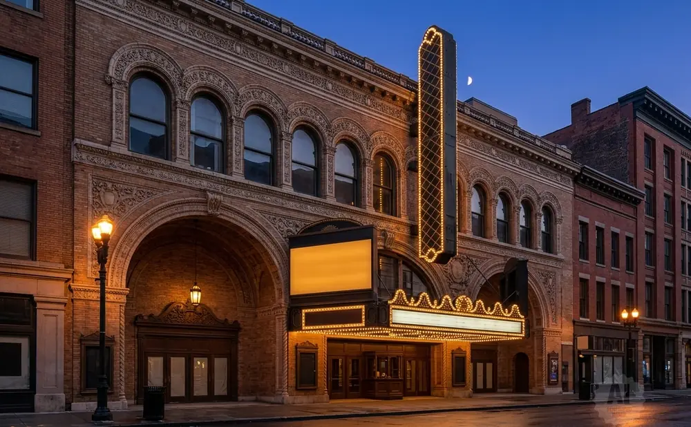 An ornate brick theater facade with a marquee lights up at dusk.