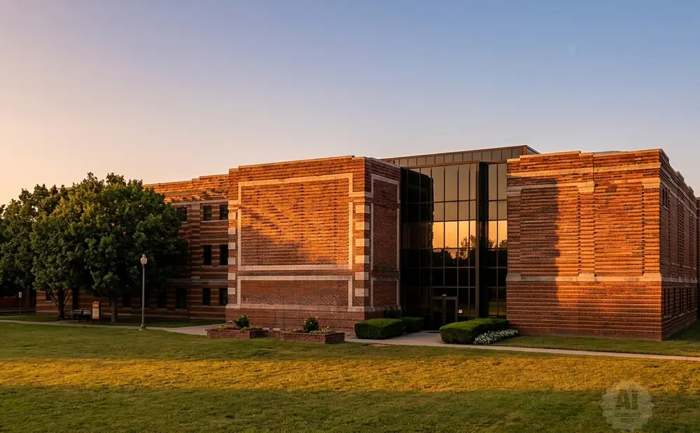 A brick building with a glass-fronted entrance is lit by warm sunset light, with green trees and grass in the foreground.