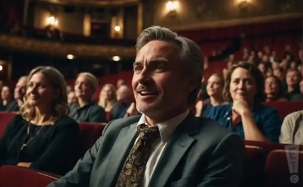 Man with graying hair and a mustache smiles in a theater, wearing a suit and patterned tie.