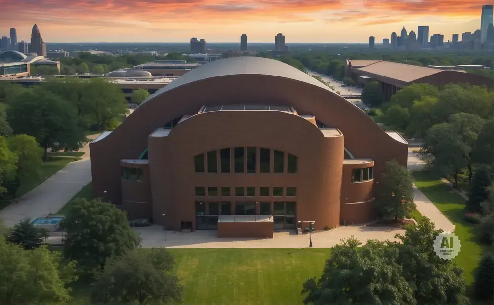 Aerial view of a large, curved, brick building with a domed roof, surrounded by trees and a city skyline in the distance.