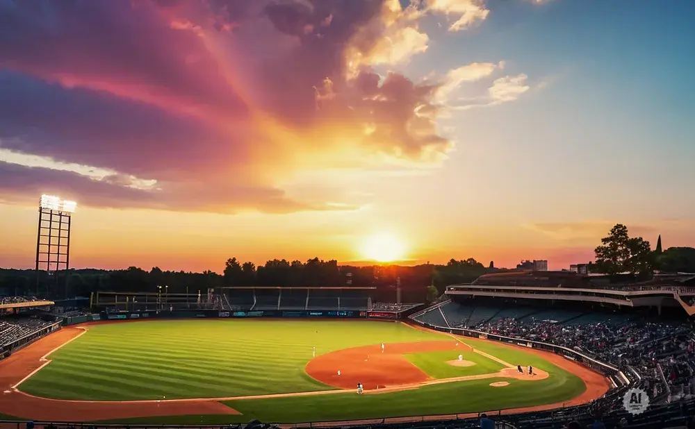 A baseball field at sunset with colorful clouds, lights, and stadium seating.