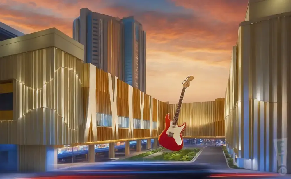 A red and white electric guitar floats in front of a modern building with wavy gold accents under a sunset sky.