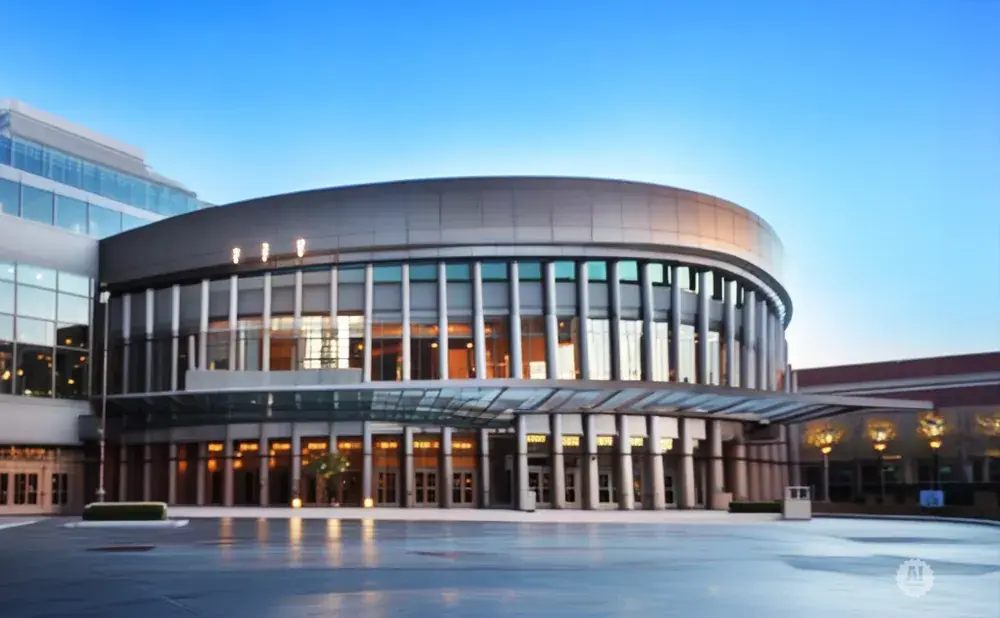 Modern circular building with glass facade and canopy entrance, reflecting lights on wet pavement under a clear sky.