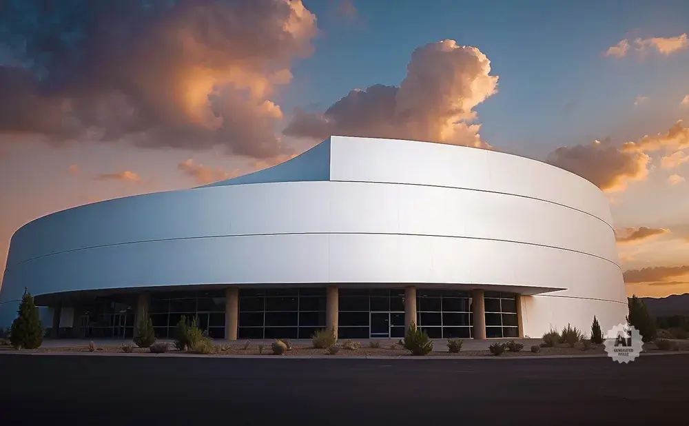 A modern, curved white building with large windows under a dramatic sunset sky.