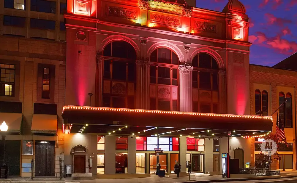 Exterior of a red-lit, ornate theater at dusk, with glowing marquee lights and a dramatic sky.