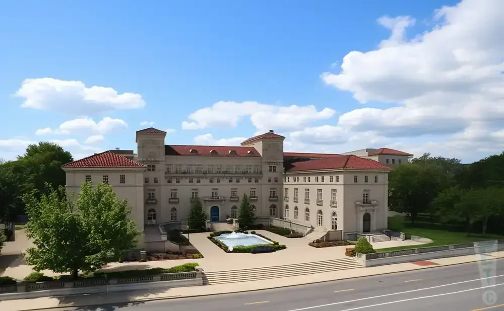 A large, light-colored building with red-tiled roofs, a courtyard fountain, and green trees under a blue, cloudy sky.