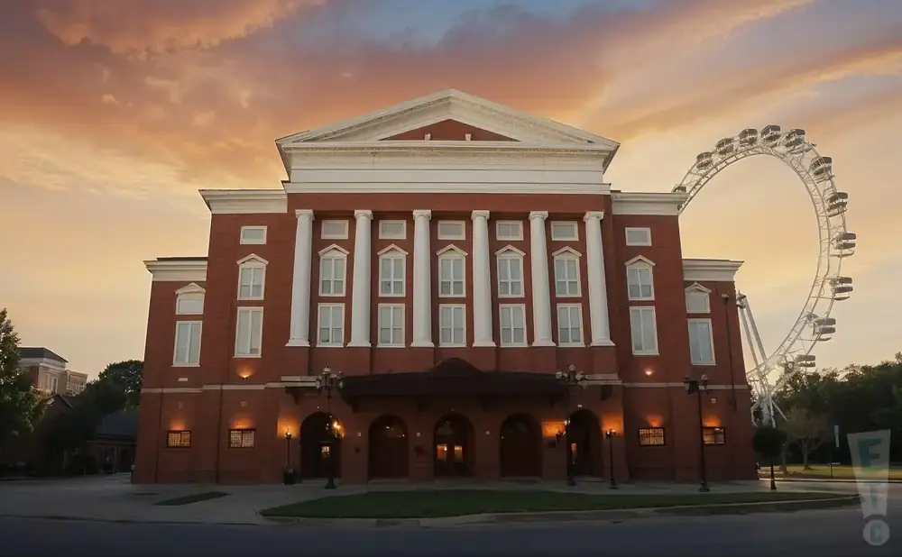 A neoclassical brick building with columns and windows under a sunset sky, with a Ferris wheel in the background.