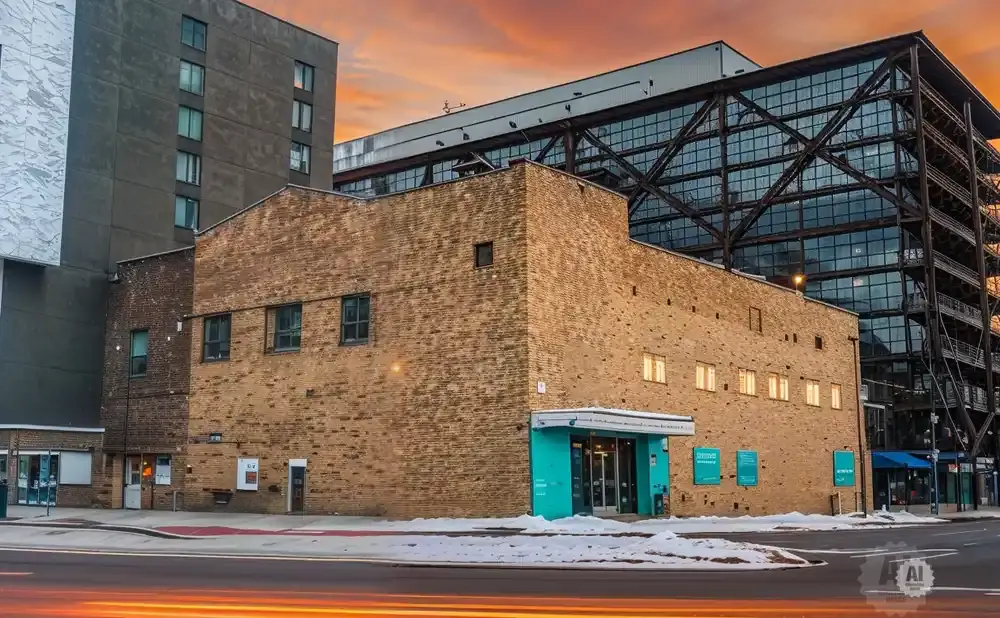 Brick building with a modern glass structure behind it at sunset.