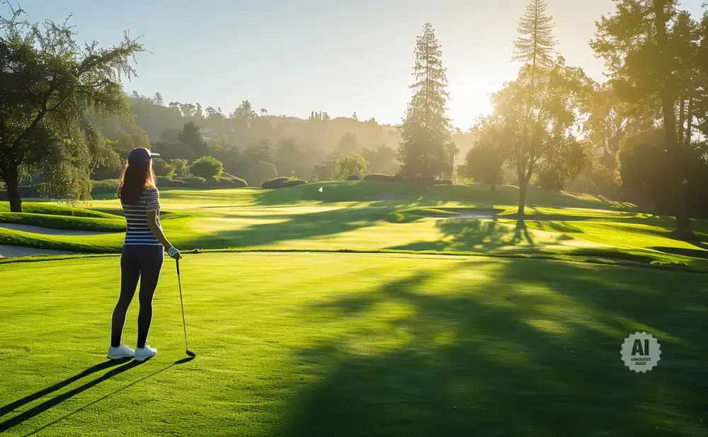 A woman with a golf club stands on a sunlit golf course, looking towards the fairway.