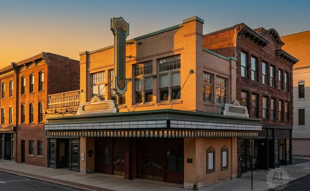 Art deco theater with marquee and vintage signage on a street at sunset.