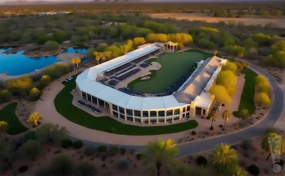 An aerial view of a U-shaped golf stadium with tiered seating surrounding a putting green, set against a desert landscape.