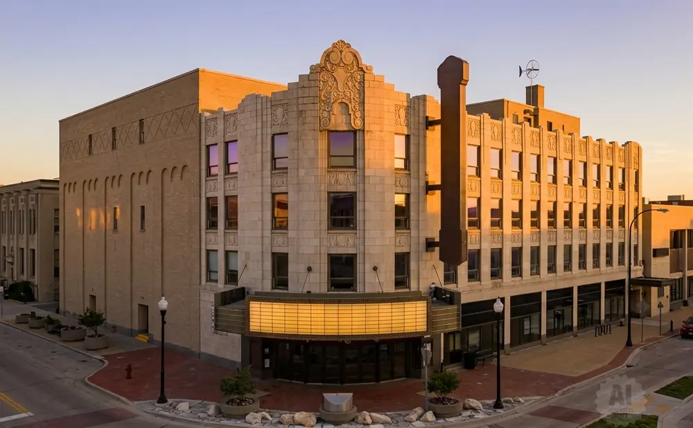 Art deco theater with a marquee and ornate facade bathed in warm sunset light.