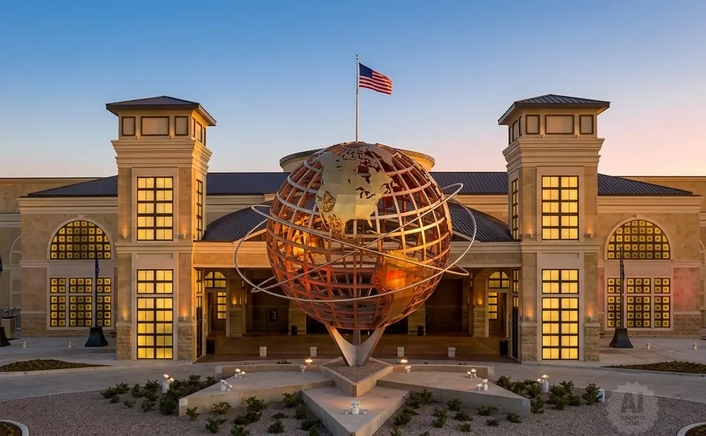 An illuminated globe sculpture with the American flag stands before a modern tan building.