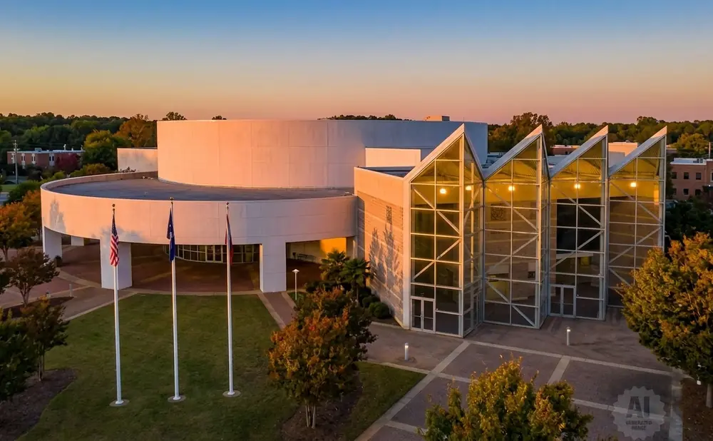 Exterior view of a modern building with a circular section and a glass-fronted wing during sunset.