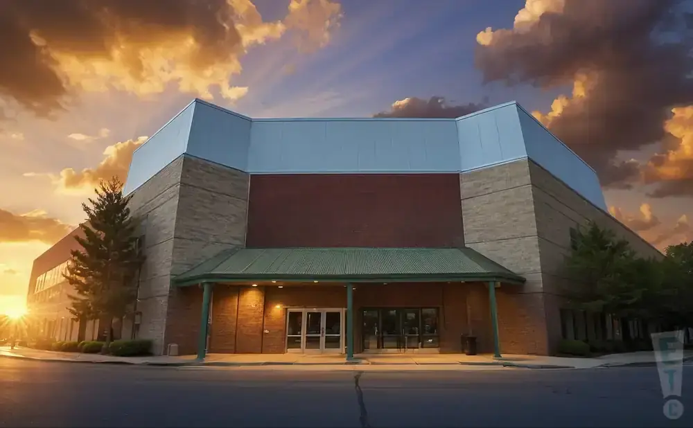 A large, modern building with brick and stone accents stands under a dramatic sunset sky with fiery clouds.