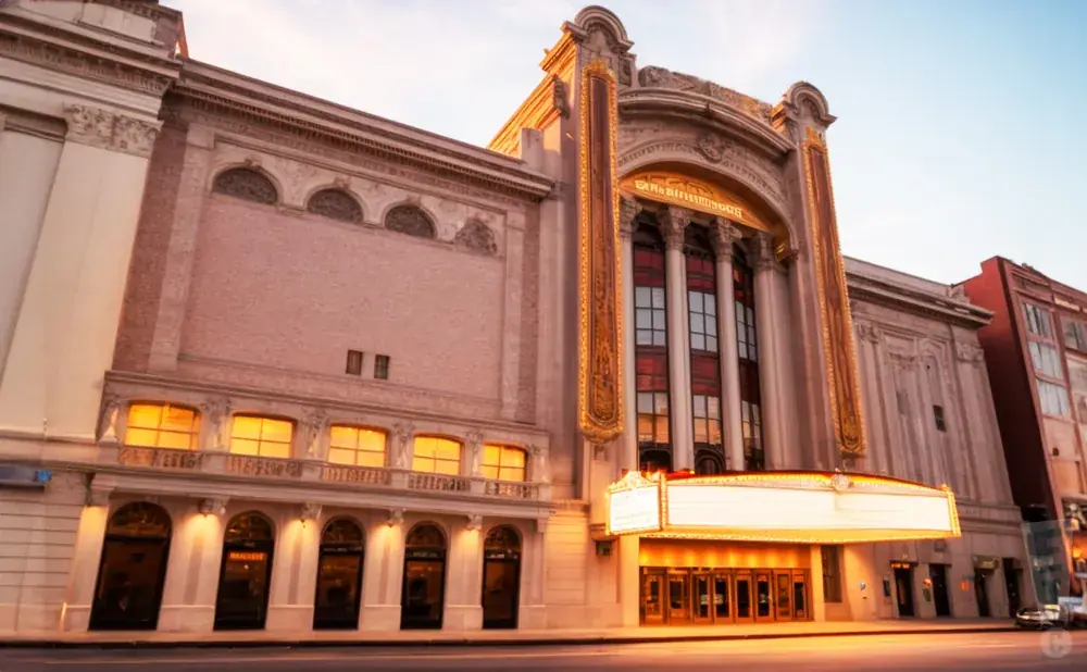 Marquee lights up a grand theater facade with ornate columns and brickwork at dusk.