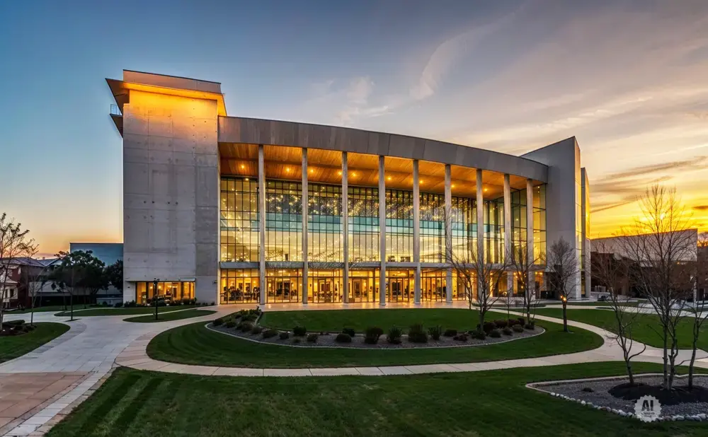 Modern building with large glass facade and concrete accents at sunset.