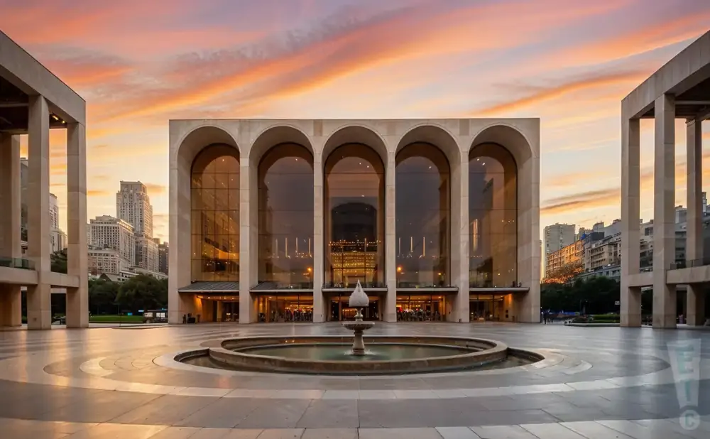 Sunset sky over the Metropolitan Opera House and fountain at Lincoln Center.